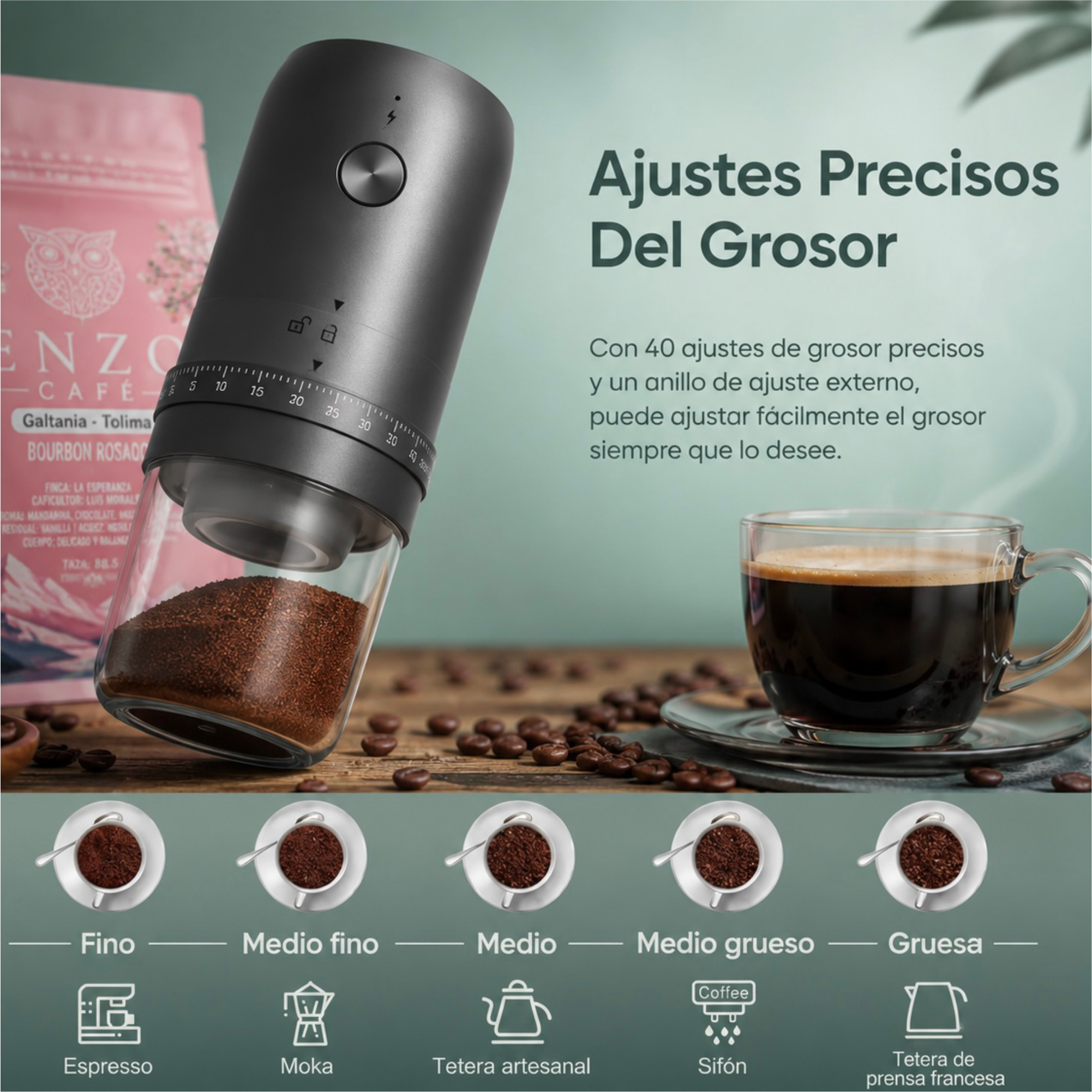 Molino Eléctrico Recargable de Precisión para Café